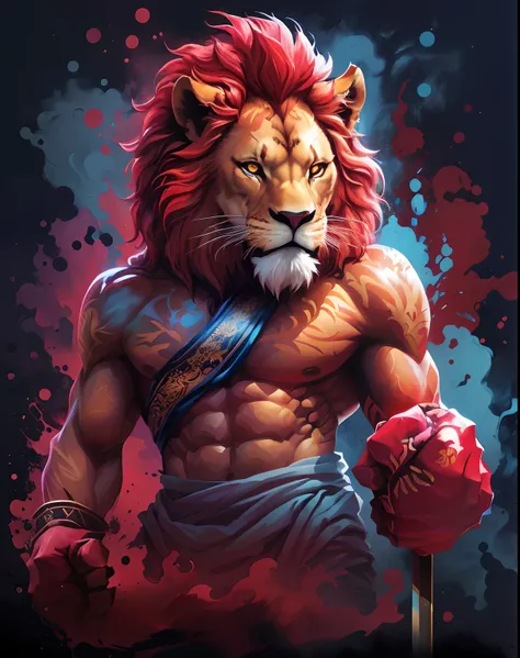 A closeup of a lion with its hands up, lion warrior, Fire Lion, 2 d full body lion, lion body, fierce expression 4k, Rei da selva, forte e feroz, epic digital art illustration, Senhor da Selva, em uma postura de luta, half lion, pronto para lutar, paper aw...