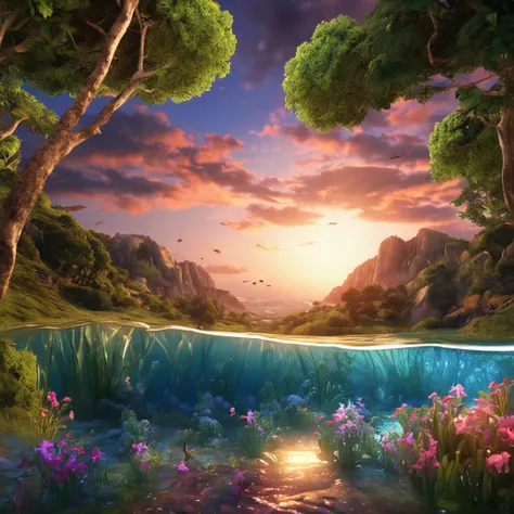 landscape, flowers, bushes, water,(extremely detailed CG unity 8k wallpaper), most beautiful artwork in the world, professional majestic oil painting, intricate, high resolution, Sharp focus, dramatic, photorealistic, painting art, hyper-realistic (Van Gou...