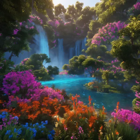 landscape, flowers, bushes, water,(extremely detailed CG unity 8k wallpaper), most beautiful artwork in the world, professional majestic oil painting, intricate, high resolution, Sharp focus, dramatic, photorealistic, painting art, hyper-realistic (Van Gou...