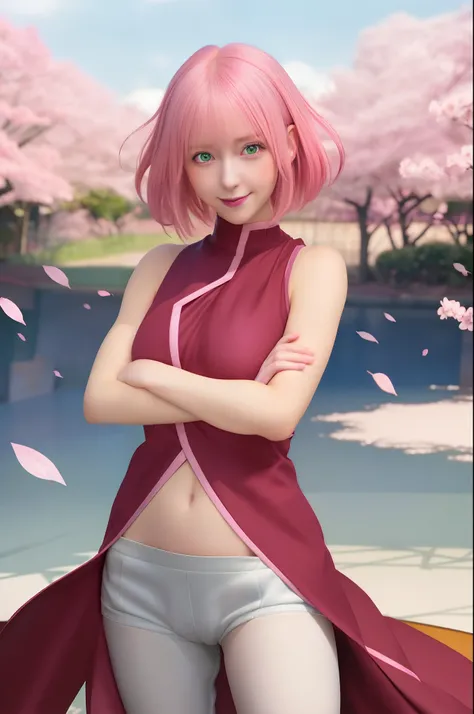 1girl, sakura in anime naruto, short hair, sexy dress, pink hair, green eyes, smile, beautiful, pink clothes, very big breast, sexy clothes, realistic clothes, detail clothes, indoor wallpaoer, wallpaper realistic, wallpapaer detail, indoor background, ult...