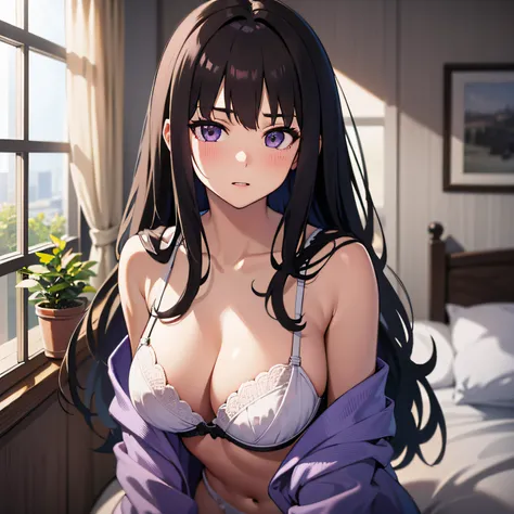 (masterpiece, best quality, highres, UHD, perfect pixel),Inoue Takina, Long hair, Bangs, Black hair, (Purple eyes:1.2), medium breasts, cleavage, lingerie, bra, panties, indoor, bedroom, dynamic pose, busty, perfect body, (erotic pose, POV), embrassed, blu...