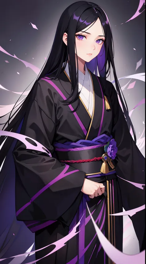 adult man, Long black hair, violet eyes, Thin, black kimono, Masterpiece, hiquality