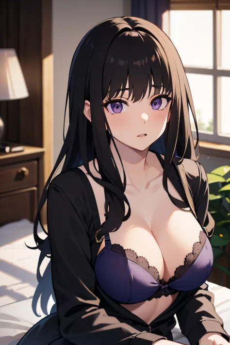 (masterpiece, best quality, highres, UHD, perfect pixel), Inoue Takina, Long hair, Bangs, Black hair, (Purple eyes:1.2), medium breasts, indoor, bedroom, dynamic pose, busty, perfect body, POV, blushing, cleavage, black bra, panties, white shirt, long slee...