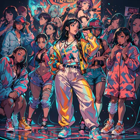 One Girl On Stage、((holding the mic))、(Super Detail)、(8K)、((Hip Hop Fashion))、(full body Esbian)、(Fashion of the 90s)、(Brilliant limbs)、(Delicately drawn figures)、(colorful lighting)、(Womens Fashion)、(Colorful and pop design)、(Around the back alley)、(Iconi...