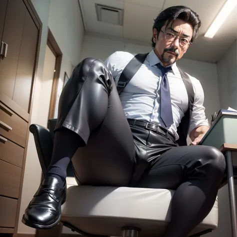 age 55，Kogoro Mouri，uncle，Tong，Bulge，Sitting in the office，Black short stockings，Slip leather shoes，lbeard，fortitude，k hd，artwork of a，an look of enjoyment，is shy，opening legs，There is a white liquid on the suit，The crotch is raised，God perspective