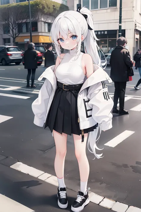 All over a girl standing on the street with double ponytail white hair tight long sleeves striped turtleneck brown short coat off-the-shoulder black high waist belt decoration pleated skirt high top canvas shoes white socks