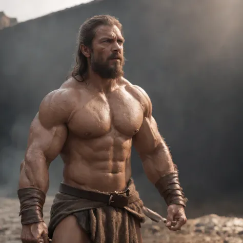 (Professional 3D rendering:1.3) de (Realistic:1.3) foto de arte mais bonita do mundo，soft features, brilliant male heroes, ((Epic hero rough fantasy muscular man wet hero angry look long dark blonde hair medium length beard and fierce expression in dynamic...