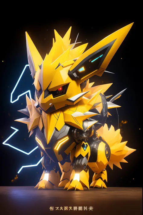 Close up of yellow and black robot on black background, Cyberpunk unicorn, melting into jolteon, portrait of zeraora, Yellow mech, 3 d render stylized, Hyper-detailed. Studio Lightning, hyper detailed ultra sharp, digimon key art, intricate glowing mecha a...