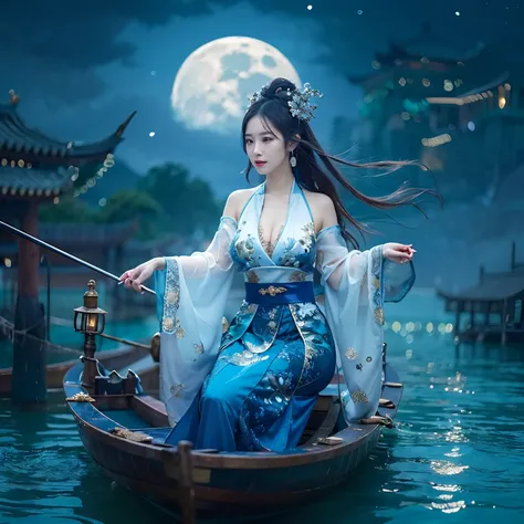 Painting a woman in a blue dress standing on a boat in the water, float under moon light at night, Chinese fantasy, lunar goddess, lunar goddess,， Wide buttock， cleavage,huge boob, tight fit clothes, Goddess of the moon, moonlit night dreamy atmosphere, in...