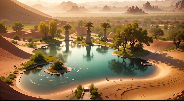 super wide shot，vast desert，a legendary desert oasis，sunset，heart-shaped lake，(zoomout:1.2)，(greenery:1.2)，the fountain，fantasy ...