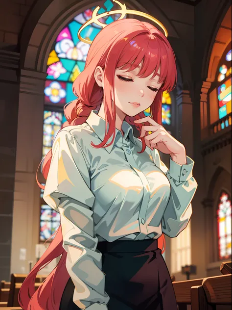 "Makima is praying on the altair in the church, her eyes is closed, she looks delicate, with a luminous halo above her head，In the afterglow，The whole picture is softer and warmer。", centered, 1girl, red haired, wearing office worker attire, beautiful comp...