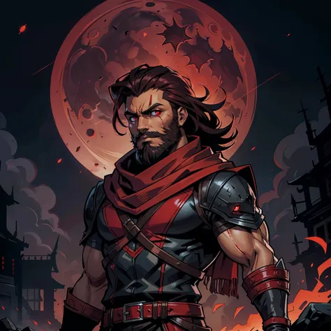 Dark night blood moon background, Darkest dungeon style, Sadurang from Marvel, hunk, wild mane, defined face, detailed eyes, short beard, glowing red eyes, dark hair, wearing classy red suit and scaled scarf