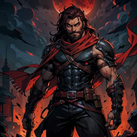 Dark night blood moon background, Darkest dungeon style, Sadurang from Marvel, hunk, wild mane, defined face, detailed eyes, short beard, glowing red eyes, dark hair, wearing classy red suit and scaled scarf