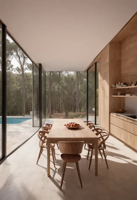 hyper realistic vray render, interior view, 35mm focal length, a contemporary villa made from with concrete and wood planks, with a pitched roof and refined architectural details, spanish style, construction with modern furniture, hidden in a spanish fores...