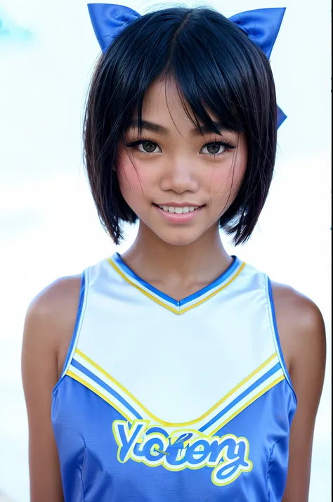 Lifestyle photography photo of a filipina teen in a (cheerleader uniform), ((hair bow)), (dark skin), bob haircut, smile,looking at viewer, upper body framing, no background, under (natural lighting:1.3), shot at eye level, on a Sony A7111, with a (soft fo...