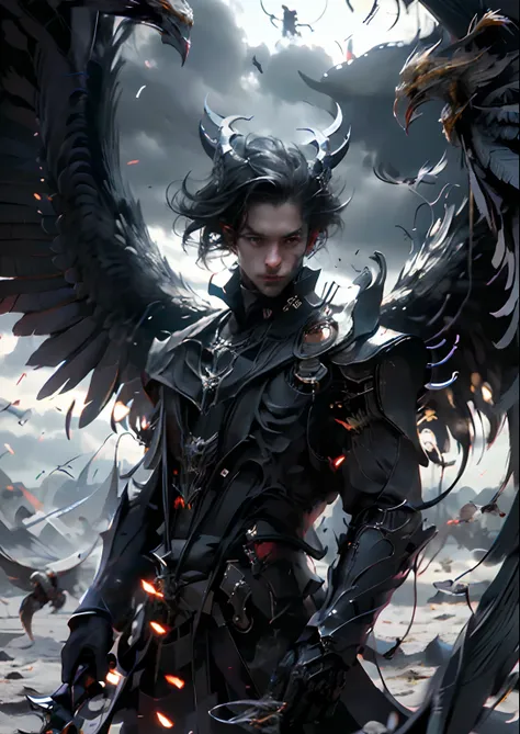 year's on_daemon,solo,looking_at_peeping at the viewer,black_hair,1boy,closed_mouth,standing,male_focus,wings,horns,armor,bird,s...