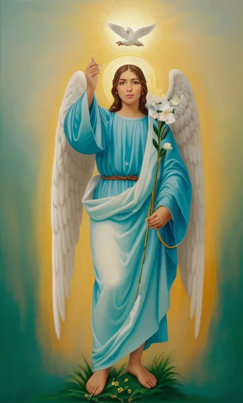 Painting of an angel with a dove and a flower in his hand, Arcanjo Miguel, saint michael the angel, anjo biblicamente acuado, angelic, cheio de pinturas de anjos, Jovem Anjo Wan, arcanjo, padroeiro do 🛸🌈👩🏾, Um Anjo da Luz do Amanhecer, um anjo, Anjo majest...