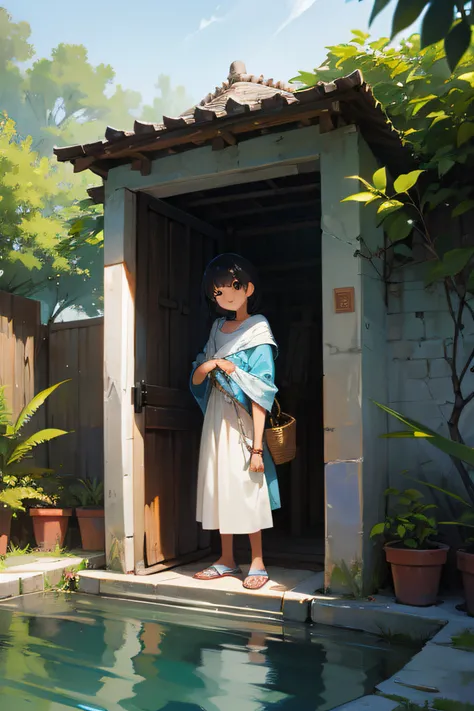 a teenager who is standing beside a water well and peeping inside --auto