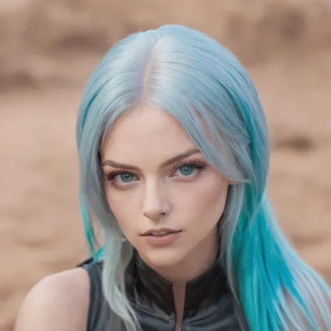 Shot by a studio professional photographer. Futuristic woman by Hieronymus Bosch with straight bright blue-green hair, amber eyes, soft expression, top model sitting on a chaotic futuristic desert planet, futuristic cartoon cosplay style. High quality back...