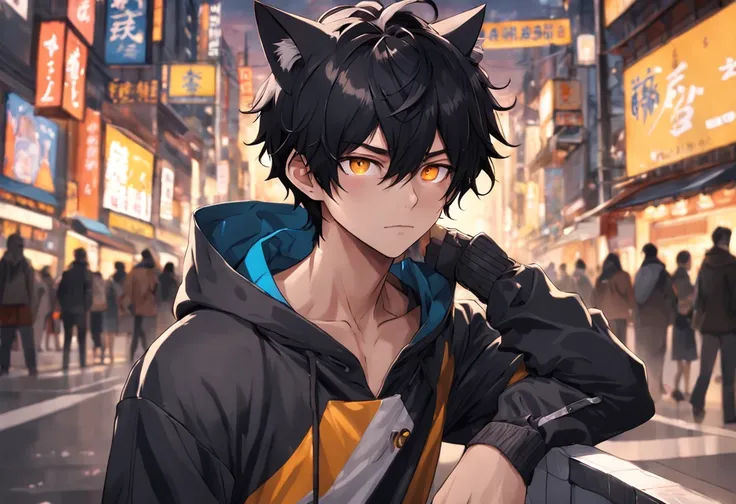 best aesthetic, ultra high res, distinct, ultra detailed, best quality, high quality, ultra quality, 16k, high details, high resolution, detailed, masterpiece, beautiful, detailed skin, full body, sexy, （1boy）, black hair, short hair, yellow eyes, cat ears...