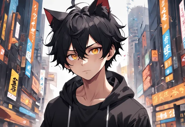 best aesthetic, ultra high res, distinct, ultra detailed, best quality, high quality, ultra quality, 16k, high details, high resolution, detailed, masterpiece, beautiful, detailed skin, full body, sexy, （1boy）, black hair, short hair, yellow eyes, cat ears...