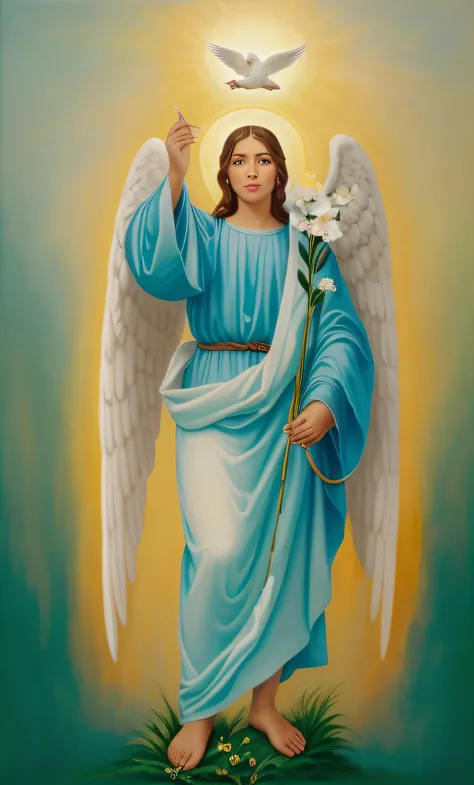 Painting of an angel with a dove and a flower in his hand, Arcanjo Miguel, saint michael the angel, anjo biblicamente acuado, angelic, cheio de pinturas de anjos, Jovem Anjo Wan, arcanjo, padroeiro do 🛸🌈👩🏾, Um Anjo da Luz do Amanhecer, um anjo, Anjo majest...