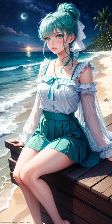 realistic, 1girl 20 years old, sensual body, hair tied with a ribbon bow turquoise green hair, blue eyes, bright eyes, stylish neckline blouse, short skirt, soft makeup, shy, blush, night, stars, moon, moonlight, seaside , sitting, in the sand, looking awa...