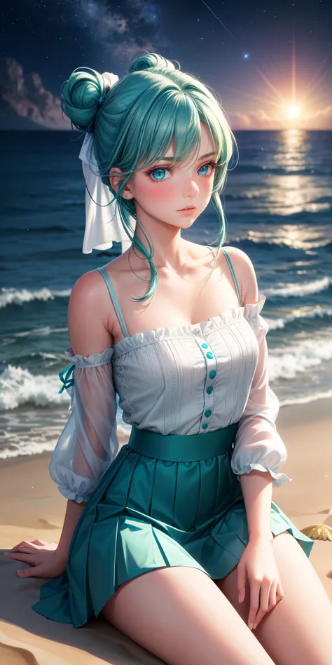 realistic, 1girl 20 years old, sensual body, hair tied with a ribbon bow turquoise green hair, blue eyes, bright eyes, stylish neckline blouse, short skirt, soft makeup, shy, blush, night, stars, moon, moonlight, seaside , sitting, in the sand, looking awa...