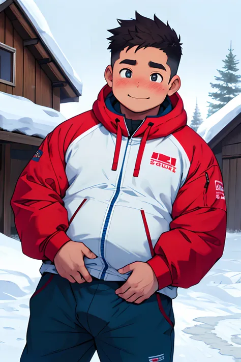 Draw a chubby cute boy，Stand in front of a hut in the snow。Goggles are worn on the forehead，blushed cheeks，，Wear thick adventure clothing，The clothes are open to reveal the belly，Chubby 18 year old boy，The crotch protrudes，self-shot，Face Real，face zoom，pup...