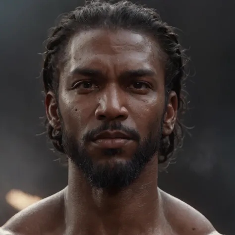 (Professional 3D rendering:1.3) de (Realistic:1.3) Foto de arte mais bonita do mundo，afro americano, ((Epic hero fantasy rough muscular man wet hero angry look long hair short beard and fierce expression in dynamic pose, fantastic location, majestoso ambie...