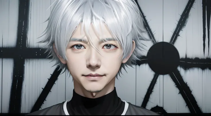 Anime character with white hair and black shirt in front of wall, nagito komaeda, killua zoldyck black hair, kaworu nagisa, Hajime Yatate, Portrait of Killua Zoldyck, a silver haired mad, kaneki ken, Ken Kaneki, official anime still, white  hair