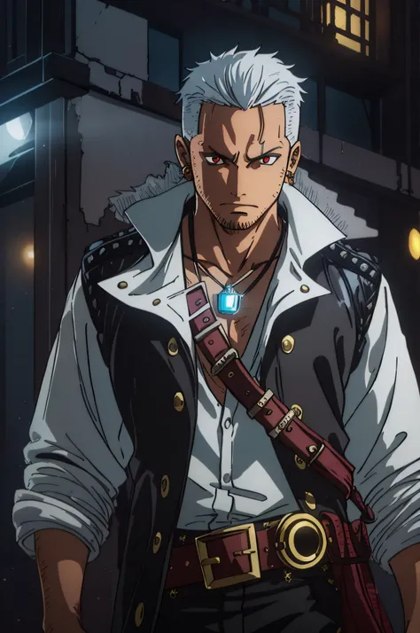 1boy, wanostyle, pirate, white hair, young adult, middle part hair, no facial hair, red eyes, angular face, white shirt, black jacket, black pants, marksman, black jacket, ear piercings, pendant, leather belt, moon in background, hyper-realistic, hyperreal...