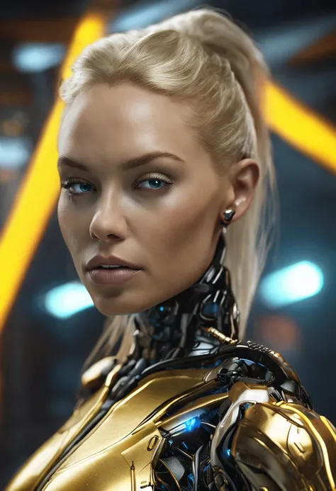 fashion shot of a beautiful woman blond super model in cybernetic suit, "yellow lips" and black,sexy topless,  high fashion, perfect composition, beautiful detailed intricate insanely detailed octane render trending on artstation, 8 k artistic photography,...