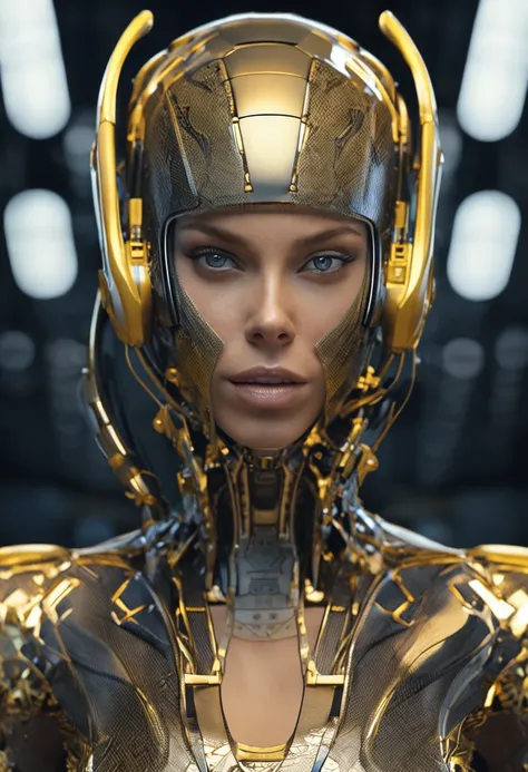 fashion shot of a beautiful woman blond super model in cybernetic suit, "yellow lips" and black,sexy topless,  high fashion, perfect composition, beautiful detailed intricate insanely detailed octane render trending on artstation, 8 k artistic photography,...