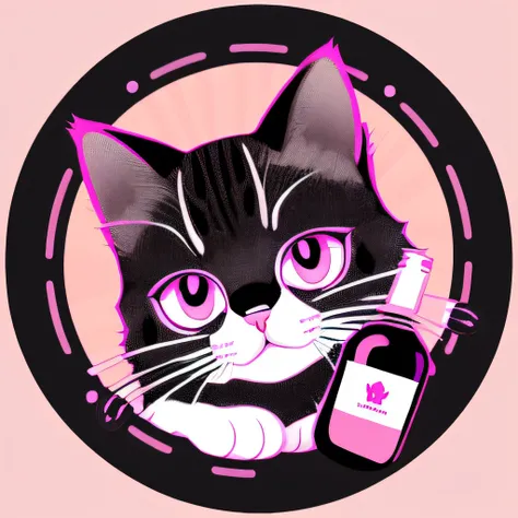 Create cat nail polish bottle icon for nail salon brand logo, icon, vector, line art, design, inspiration, line, symmetry, light color. Cat logo art, Pink or purple background, pastel, Bright Orange, Minimal and Pure — black and white striped cat, Simple, ...