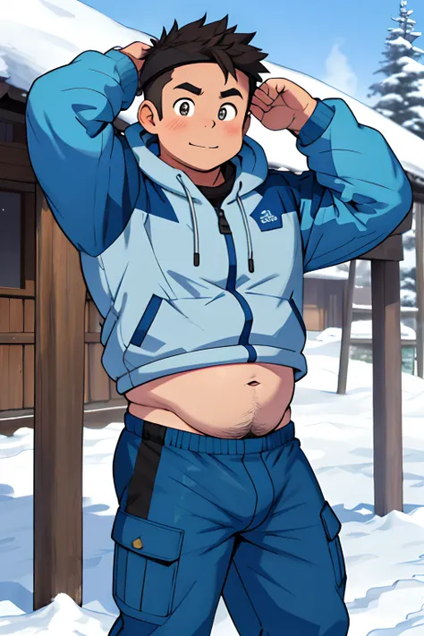 Draw a chubby cute boy，Stand in front of a hut in the snow。Goggles are worn on the forehead，Wear thick adventure clothing，The clothes are open to reveal the belly，Chubby 18 year old boy，The crotch protrudes，pupils，prominent pubis，Shy，The crotch protrudes，P...