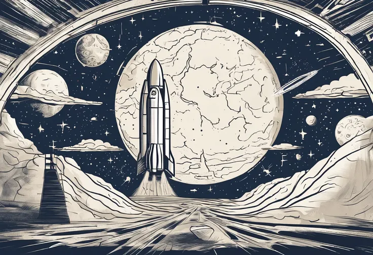 Craft a stunning vector landscape illustration tailored for desktop wallpaper. Envision a rocket spacecraft poised for launch, meticulously designed with fine vector details that highlight its construction. The rockets exterior should exhibit intricate pat...