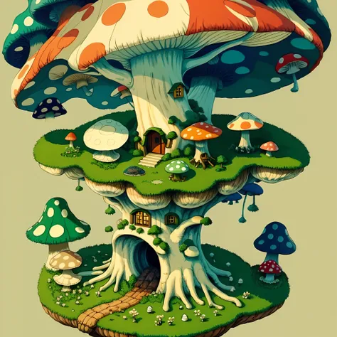 top quality, best quality, High-quality illustrations, masterpiece, Treetops sheltering in the rain under a large mushroom, pixel art, dots, Quarter View, Isometric View,