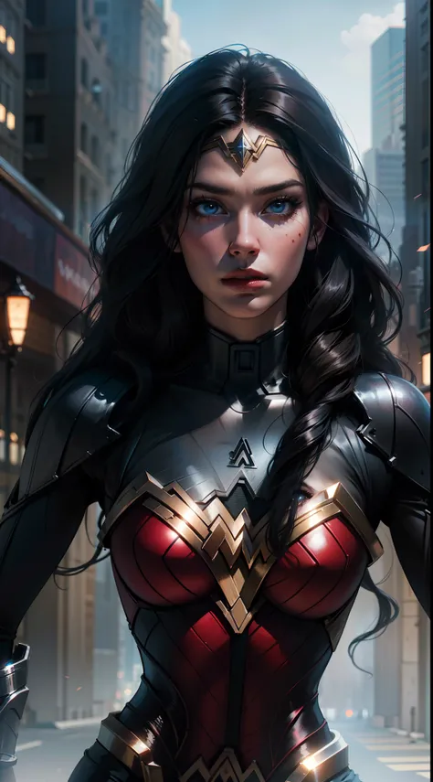 breathtaking beautiful Wonder Woman and Black Widow Fusion extremely hyper-realistic high definition with SDXL enhancement,straight wavy black hair,blue eyes and custume in high definition,highly hyper-detailed in city in a dynamic action 3d pose,shorts,lu...