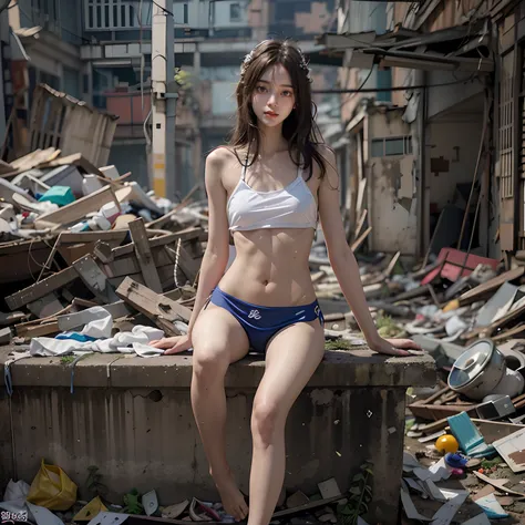 best qualtiy，abandoned building，Garbage all over the ground 1.1，18 year old Korean girl，Random white transparent sexy bikini，full-body portraits，Sexy standing pose，very beautiful long slim legs，The barefoot，As thin as a whipping post，Skinny，Bare all body1....