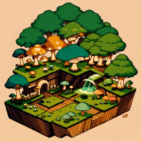 top quality, best quality, High-quality illustrations, masterpiece, Treetops sheltering in the rain under a large mushroom, pixel art, dots, Quarter View, Isometric View,