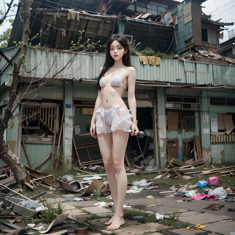 abandoned building，Garbage all over the ground 1.1，18 year old Korean girl，Random white transparent sexy bikini，full-body portraits，Sexy standing pose，very beautiful long slim legs，The barefoot，As thin as a whipping post，Skinny，Bare all body1.1，Random expo...