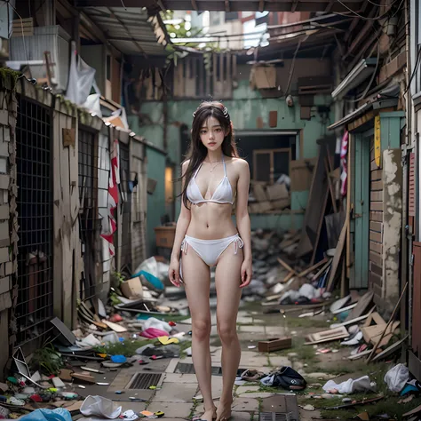 abandoned building，Garbage all over the ground 1.1，18 year old Korean girl，Random white transparent sexy bikini，full-body portraits，Sexy standing pose，very beautiful long slim legs，The barefoot，As thin as a whipping post，Skinny，Bare all body1.1，Random expo...