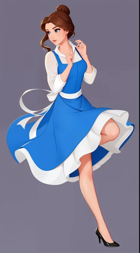 (BelleWaifu:1), (blue dress, apron, single hair bun), (black high heels), 1girl, posing