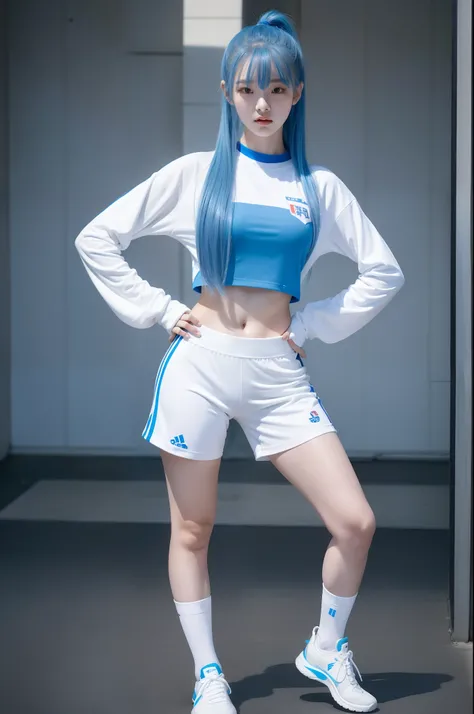 "Full body view of 18 years old Kim Chaewon as a young girl in a white tight sporty outfit, with blue hair. She is standing confidently, with a slight exposure of her midriff and a petite figure. The photo is captured in UHD 4K, exhibiting exquisite detail...