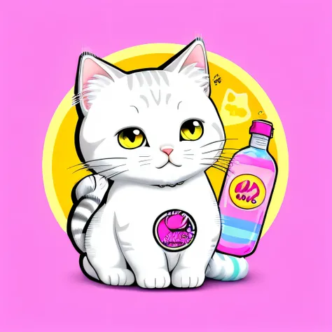 round logo. there is a yellow and white cat holding a bottle of nail polish, liquid cat, cat theme logo, cat design, , pastel electric sticker design, new vaporwave, hq whiskers, cat illustration, white striped gold cat, steam wave. black and white, jen ba...