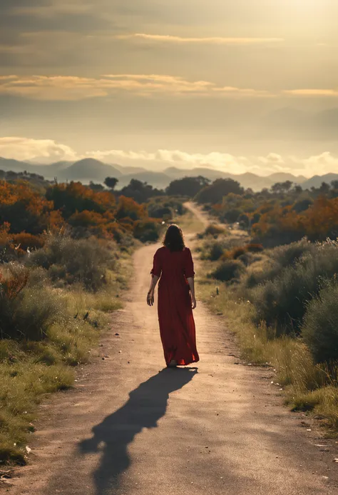 Woman walking on the road with clear blue sky towards the sun