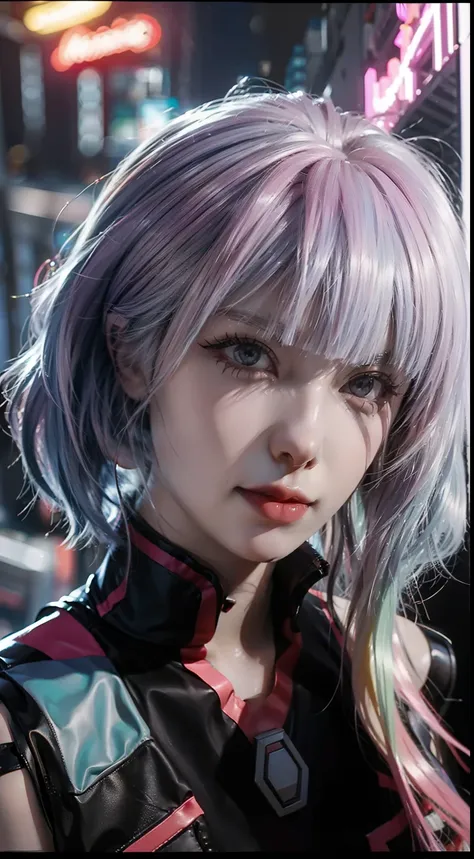 hyperrealistic close up portrait photograph of Lucy cyberpunk edgerunners in a crowded Japanese street, wearing leather jacket and armor, fringe cut and bangs hairstyle, heavy makeups, insane details, detailed designs, glowing colorful circuitry, colorful ...