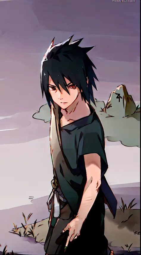 classification: safe, grass, black hair, uchiha sasuke, muscular, large chest, soil, male focus, 1 boy, tree, spiky hair, outdoors, standing, sandals, pants, rock, weapon, looking at viewer, bush, daytime, closed mouth, ninja, full body, cloud, nature, hai...