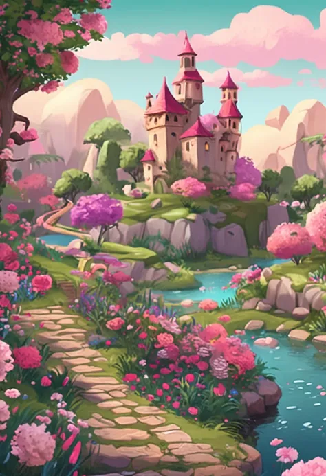 Desenhe um jardim com muitas flores no meio, um castelo rosa em 2D, a beautiful artwork illustration, whimsical fantasy landscape art, arte de paisagem, pintura suave detalhada, bela arte digital, bubbly scenery, scenery art detailed, detailed scenery—widt...